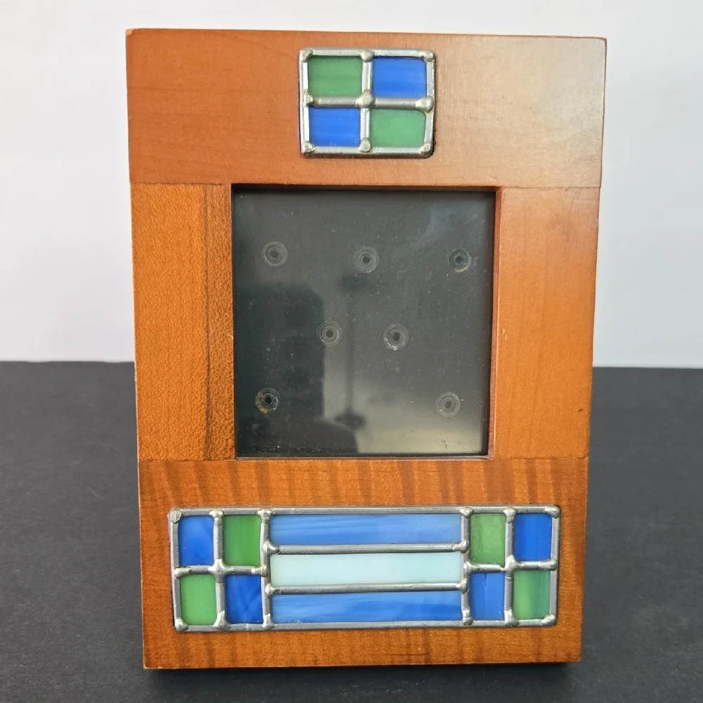 Wooden Photo Frame with Blue and Green Stained Glass Inset Accents